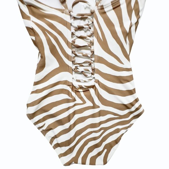 Michael Kors Womens 6 Tan Zebra Print 1 Piece Swimsuit Ladder Back Design - Picture 6 of 16